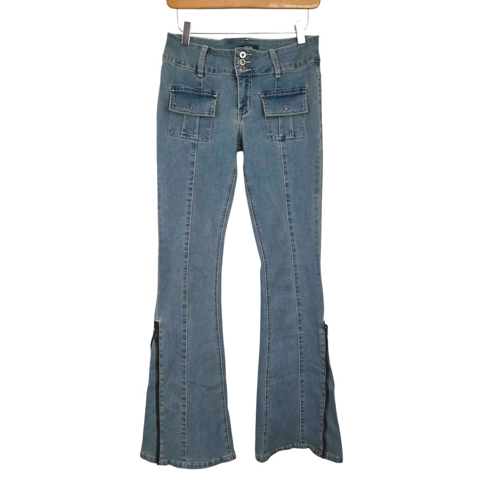 Social Collision Hot Topic Low Rise Zipper Flare Jeans Skull Cargo Pockets 7 Y2K